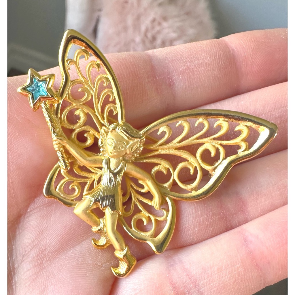 Vtg Jj Jonette Fairy Brooch Art Nouveau Style Whimsical Fantasy Gold Tone